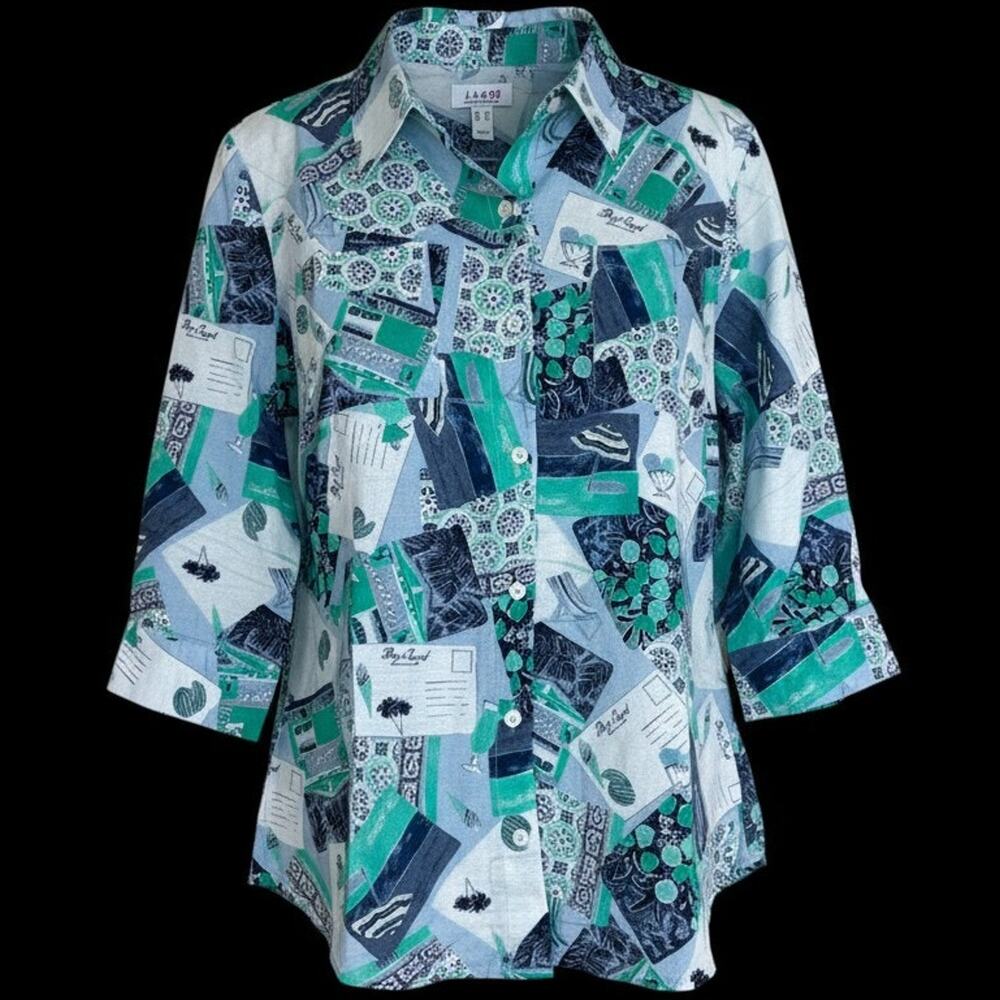 Denim & Co. Printed Cotton Linen Button Down 3/4 Sleeve Shirt Blue Multi XS NWOT